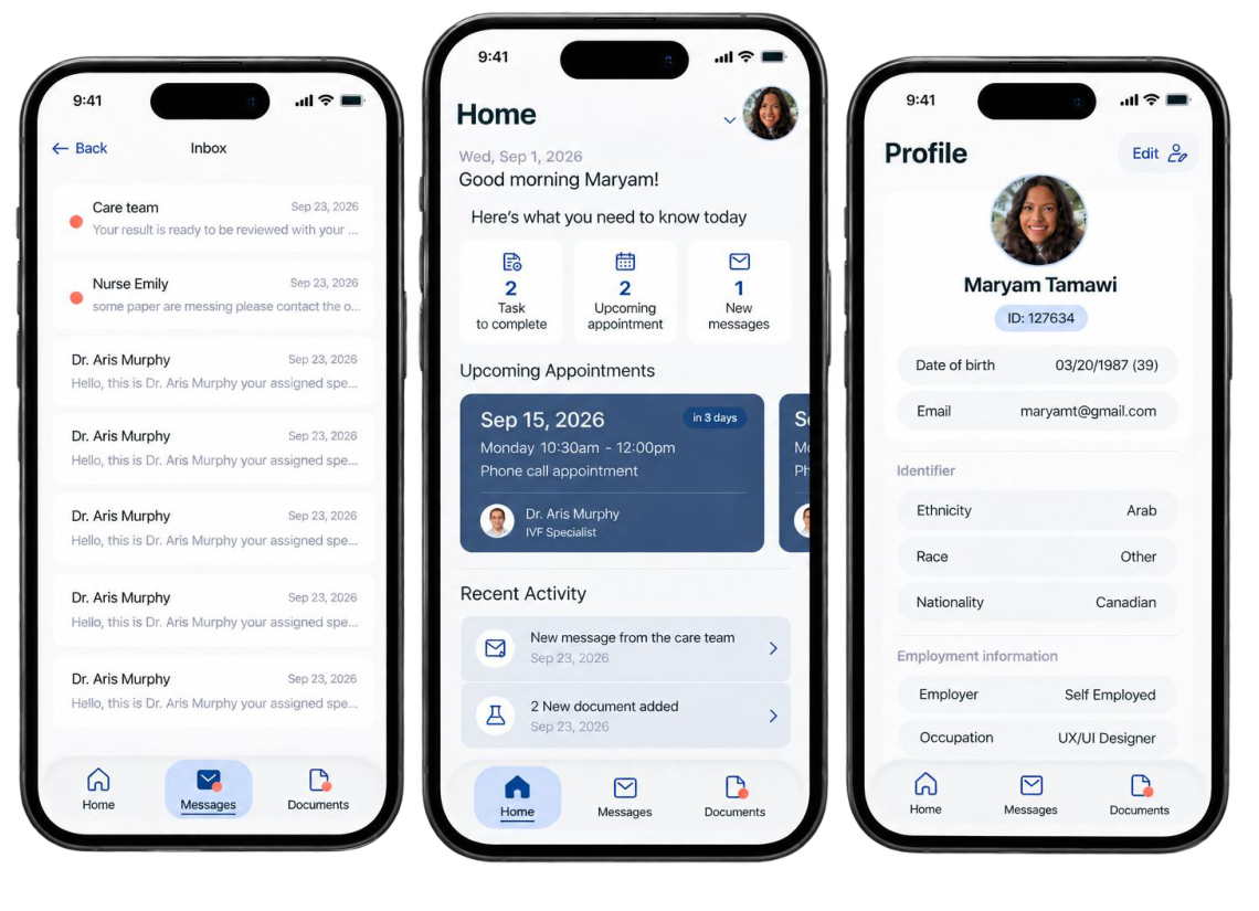 Fertility patient portal redesign screens